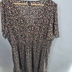 Shein Curve Black Floral Dark Cottagecore V-Neck Elastic Waist Midi Dress 3XL